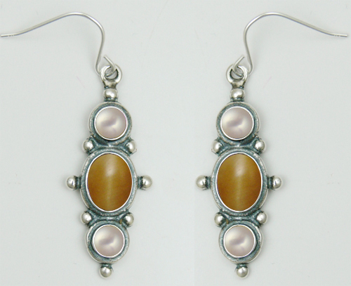 Sterling Silver Drop Dangle Earrings With Cat's Eye And Cultured Freshwater Pearl